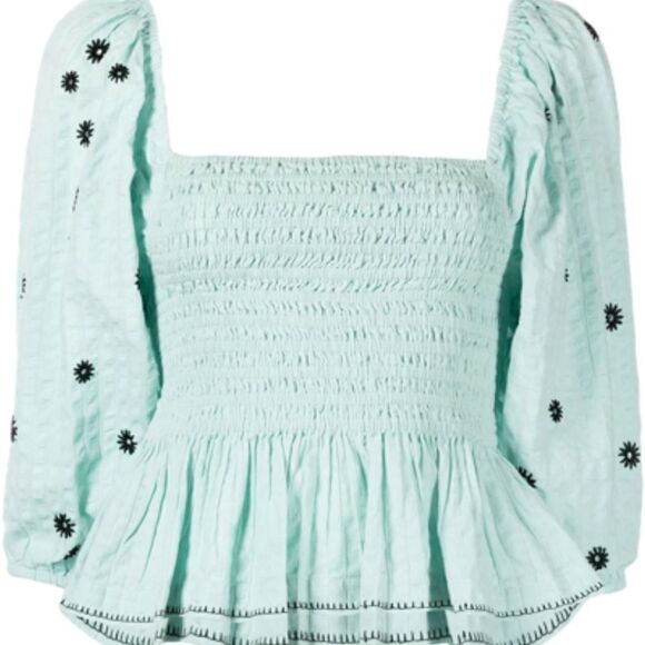 $245 TANYA TAYLOR smocked peasant puff green dot long sleeve top MEDIUM M NWT - Picture 11 of 13